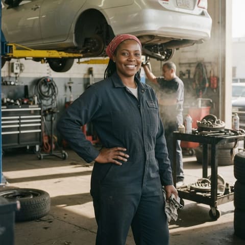 An auto-repair mechanic in clean coveralls smiling confidently in a busy service garage