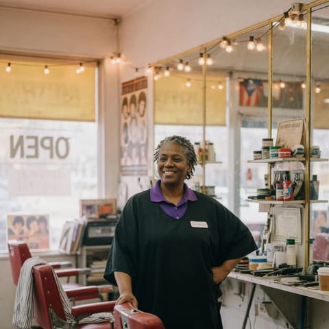 A friendly barbershop owner standing confidently beside the chairs in their neighborhood shop