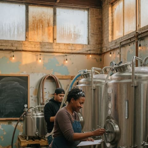 A craft brewery owner checking the fermentation tanks in a warm industrial taproom