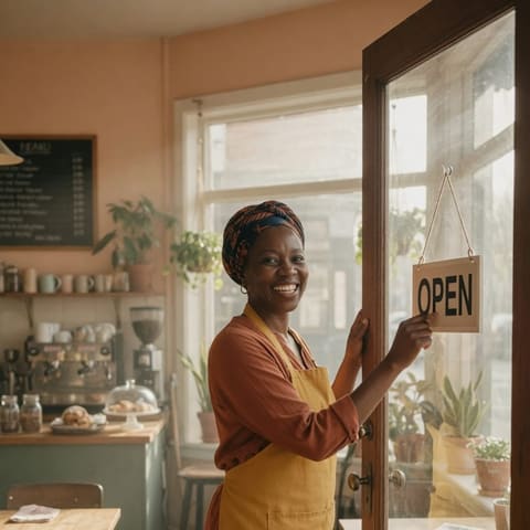 A smiling cafe owner turning the open sign at the door of their cozy coffee shop