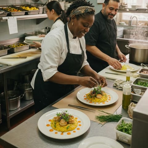 A catering business owner plating dishes in a professional commercial kitchen