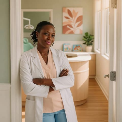 A dentist standing confidently in the doorway of a modern