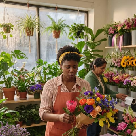 A florist arranging a colorful bouquet at the counter of a bright