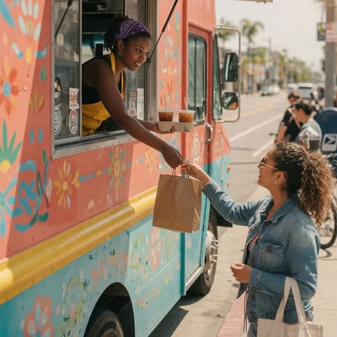 A food-truck operator leaning from the service window to hand an order to a customer