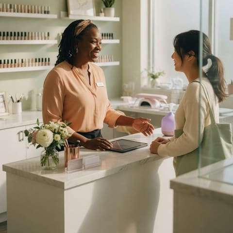 A nail salon owner welcoming a client at the front desk of a clean