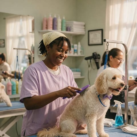 A pet groomer smiling while brushing a dog at a grooming station in a clean pet salon