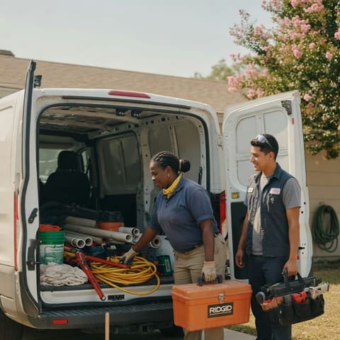 A plumbing business owner loading tools into a work van on a sunny driveway
