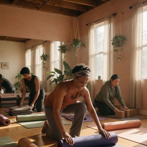 A yoga studio owner rolling out mats in a serene